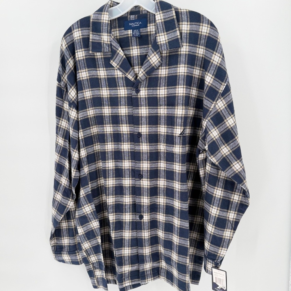 NAUTICA SLEEPWEAR Navy Plaid Cotton Pajama Top Long Sleeve Button Down Large